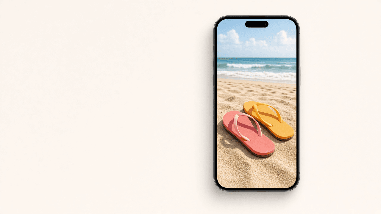 A phone on the beach, showing pink and yellow flip-flops in the sand.